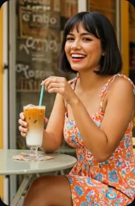 Creator in floral dress at a cafe with iced drink ad template