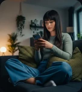Woman on couch browsing phone in lifestyle ad template
