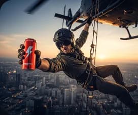 Adventure creator with product can in aerial ad template