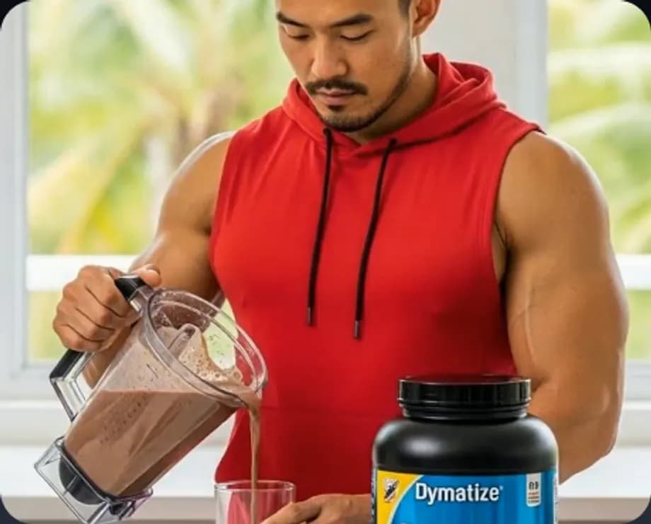 Fitness creator with protein supplement in a trend-driven ad template preview