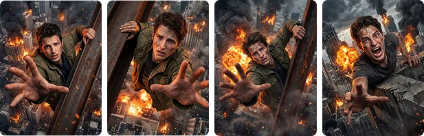 Four cinematic panels showing multiple generated results to choose from