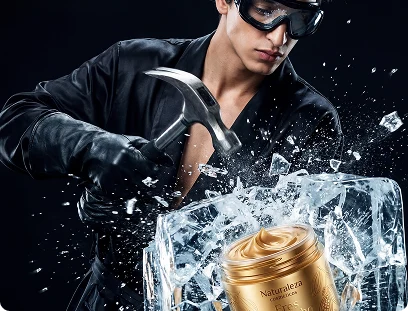 Generated image preview with download, regenerate, crop, and delete actions — hammer breaking ice to reveal a gold cosmetic jar